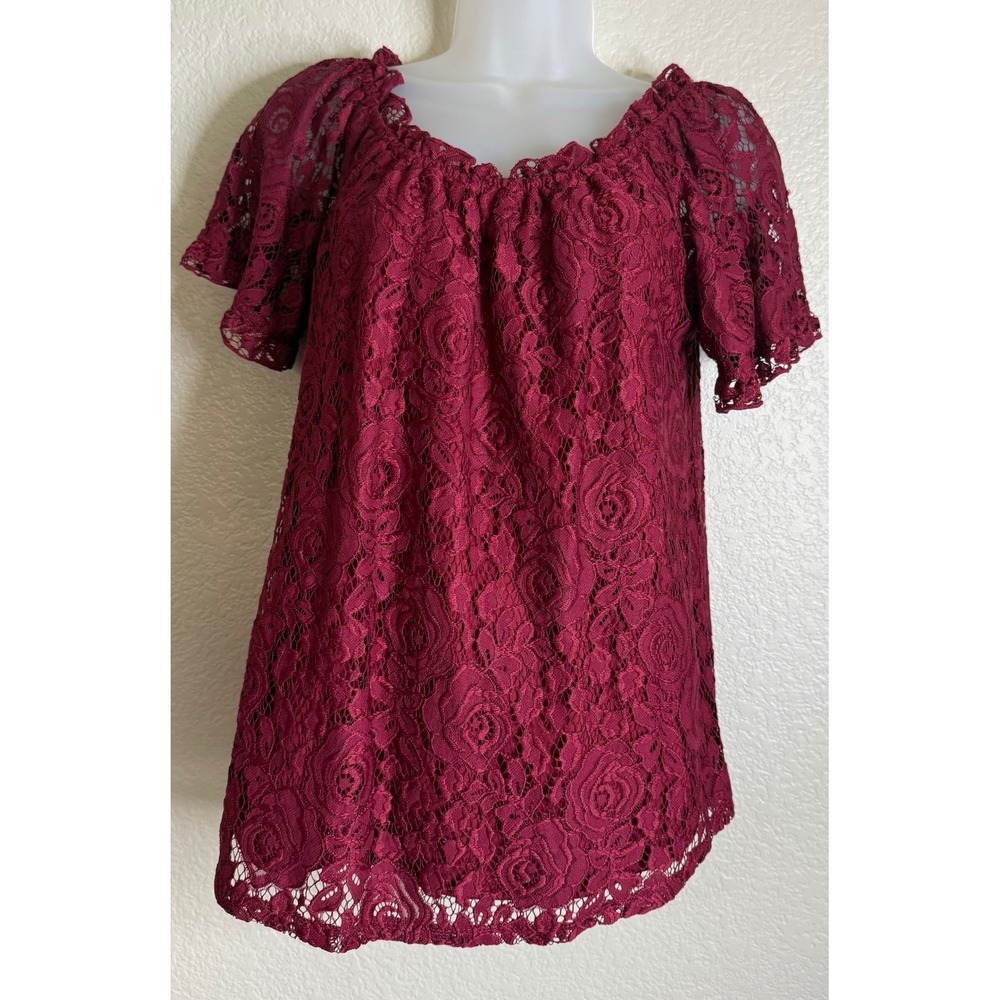 Maurices Womens S Blouse Burgundy Floral Lace Short Sleeve‎ Scoop Neck Top Chic